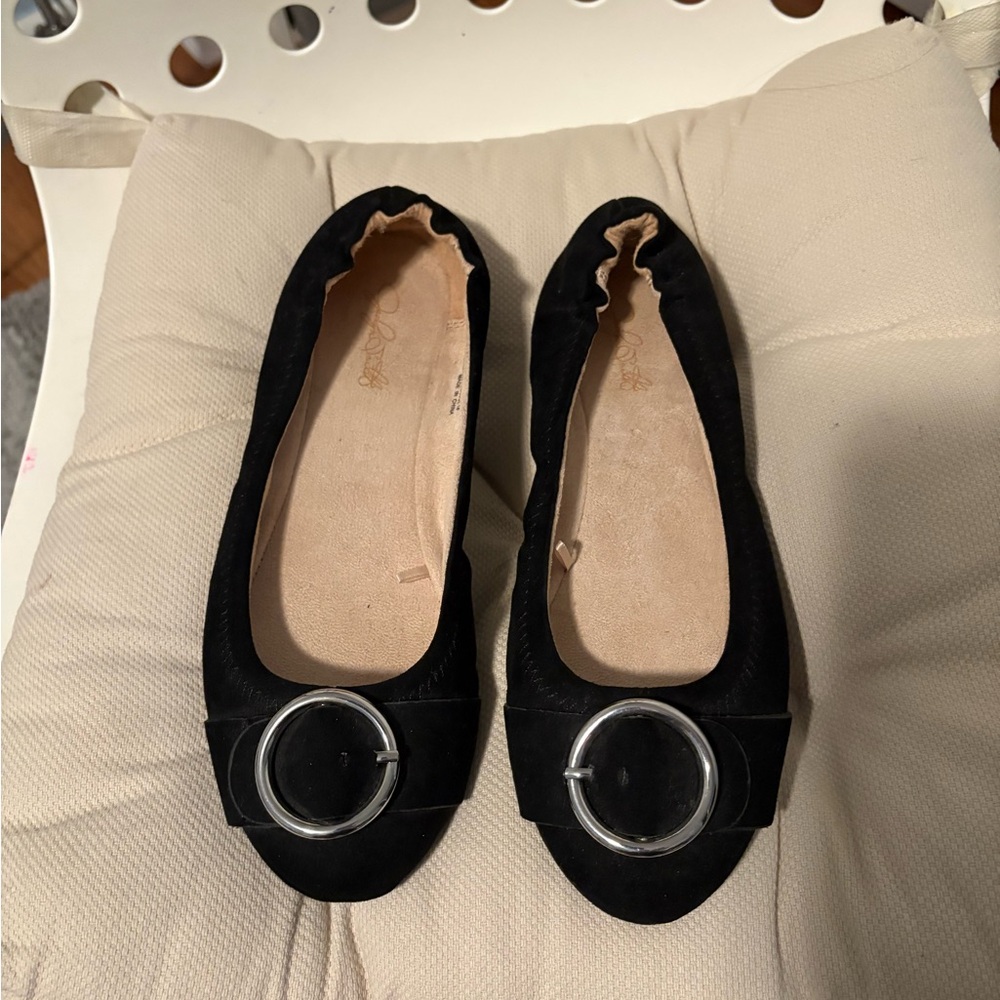 Black Suede Flats with Silver Buckle